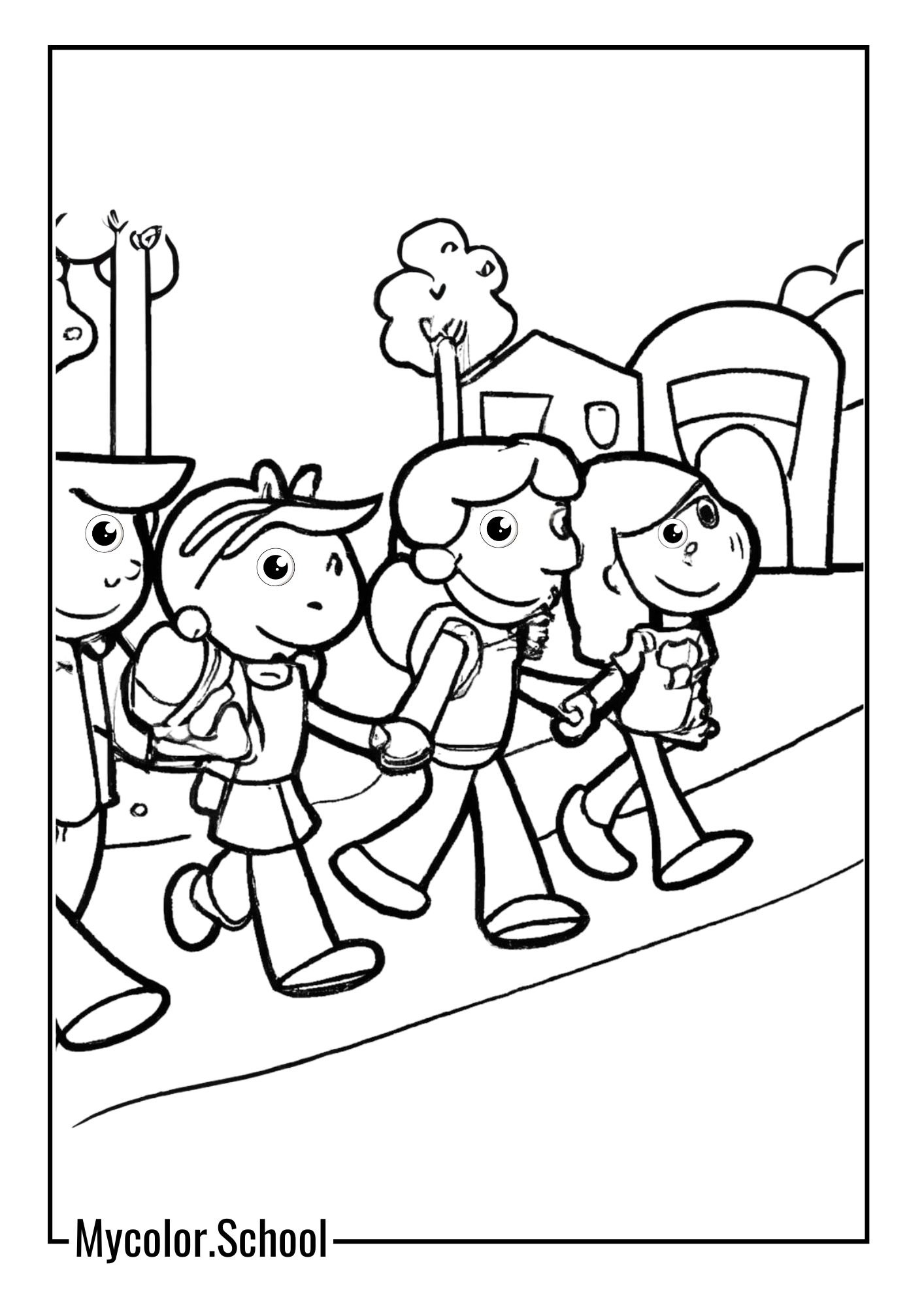 Back to School Coloring Page group of friends walking to school together