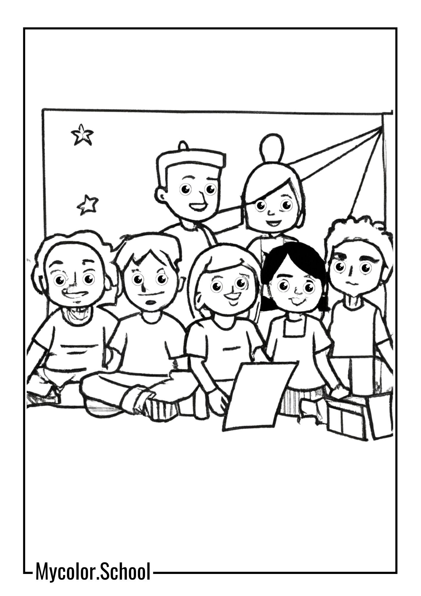 Back to School Coloring Page friends celebrating together