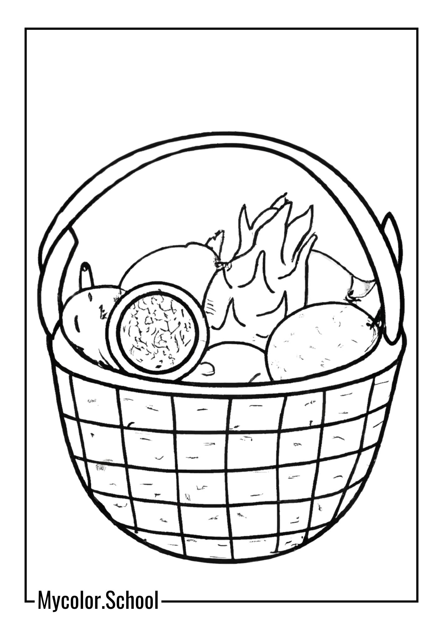 Basket Of Fruits Coloring Pages exotic fruits like dragon fruit, kiwi, and passion fruit