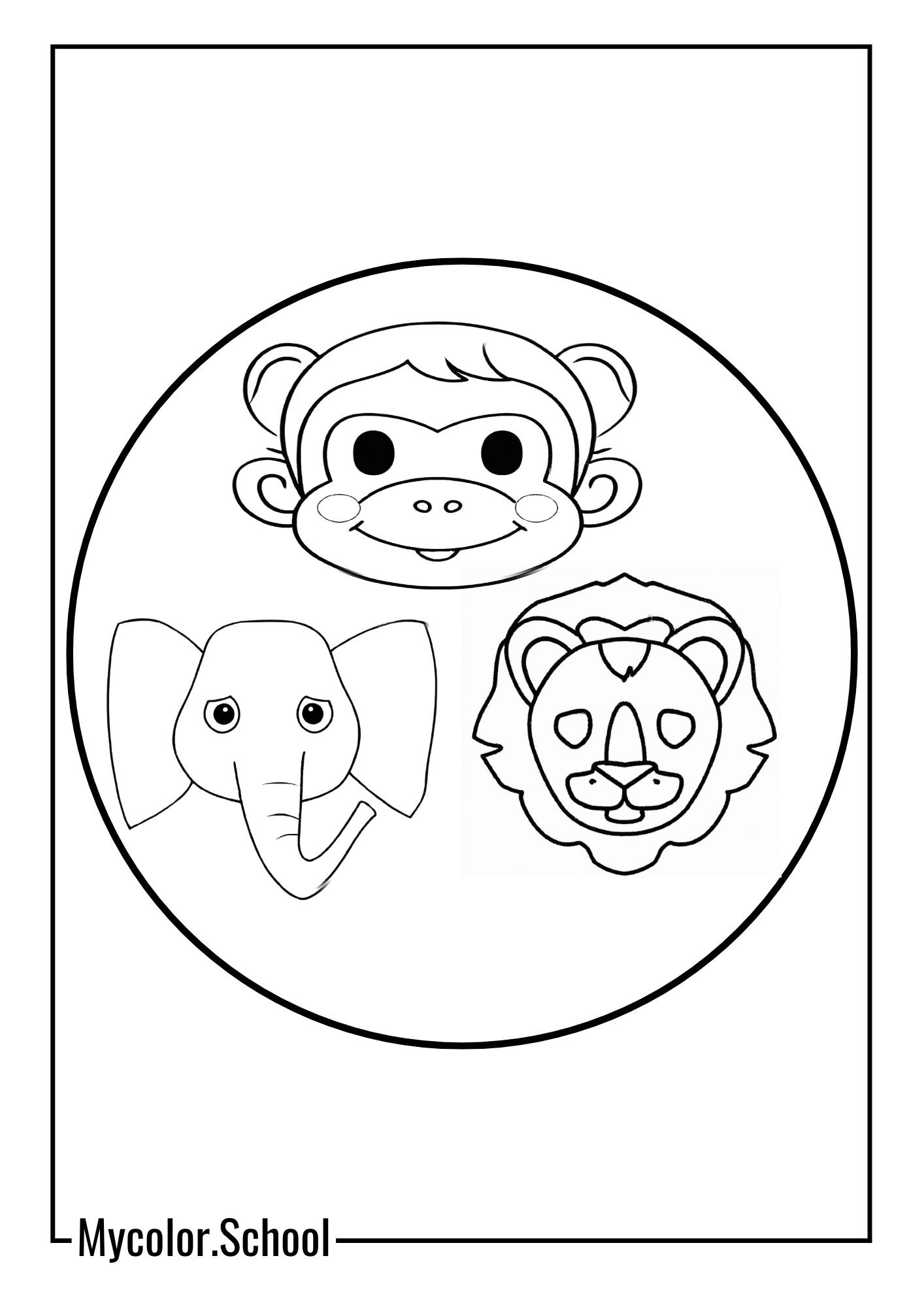 Circle Coloring Pages circle with various animal faces inside, such as a lion, elephant, and monkey
