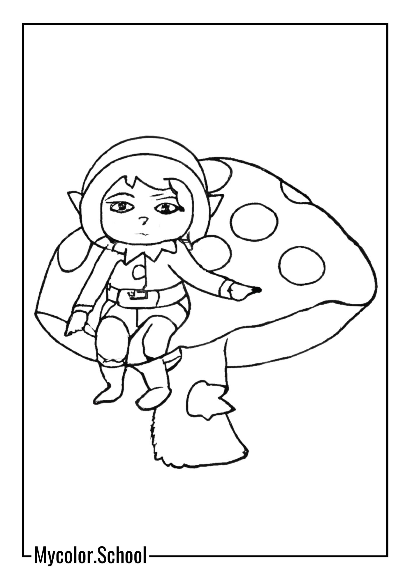 Elf Coloring Pages cute elf sitting on a mushroom