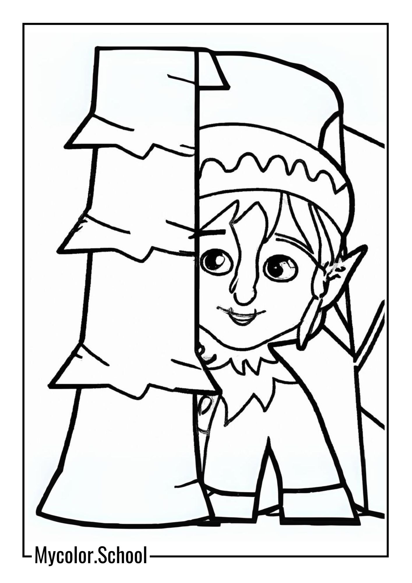 Elf Coloring Pages mischievous elf peeking out from behind a tree
