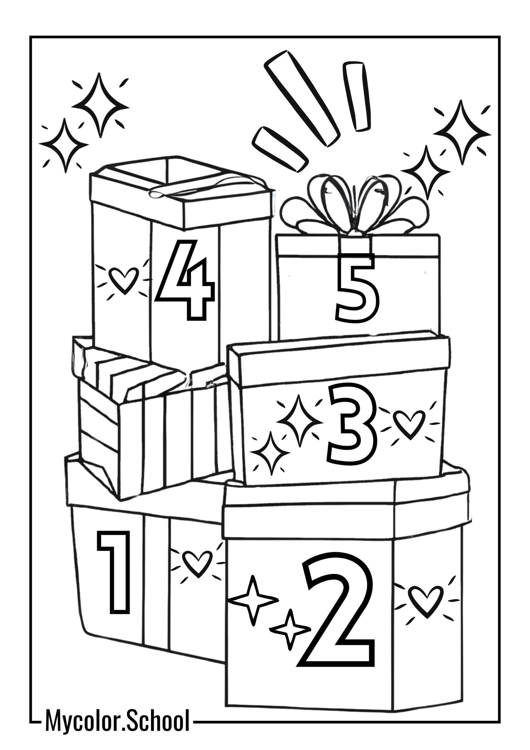 Number Coloring Pages pile of gifts, each with a number on it