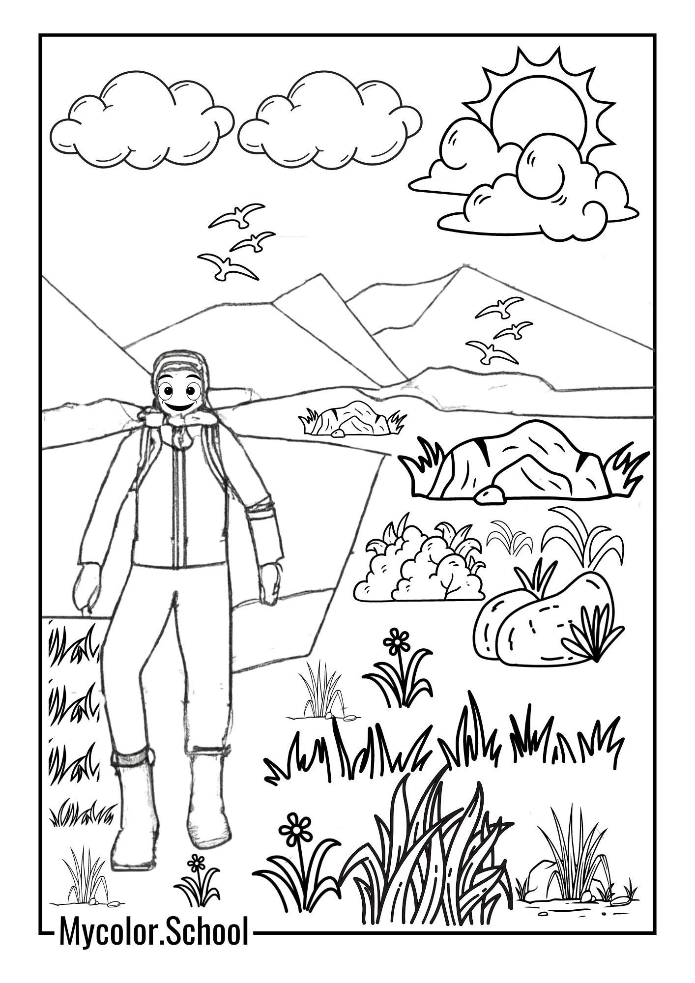 Camping Coloring Pages Hiker Exploring a Mountain Trail