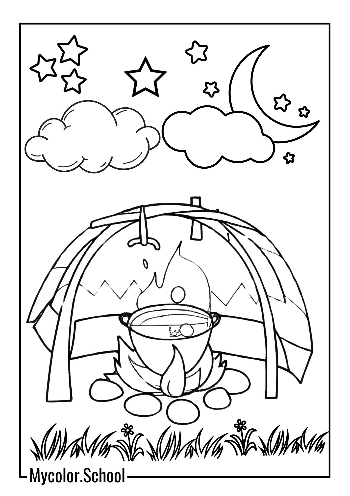 Camping Coloring Pages Campfire Cooking Scene.