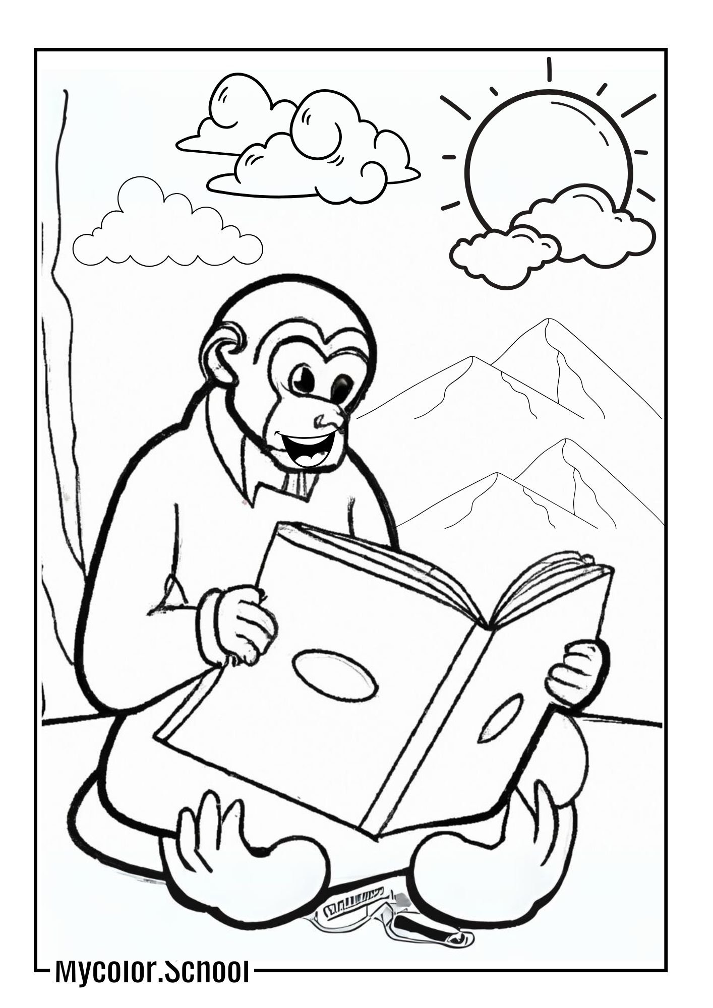 Curious George Coloring Pages reading about the book of monkey