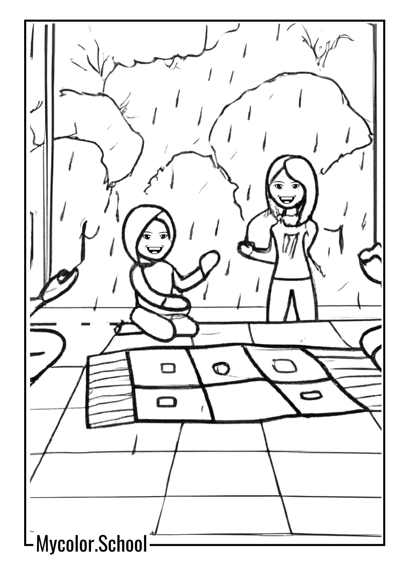 Family Coloring Pages family playing board games on a rainy day