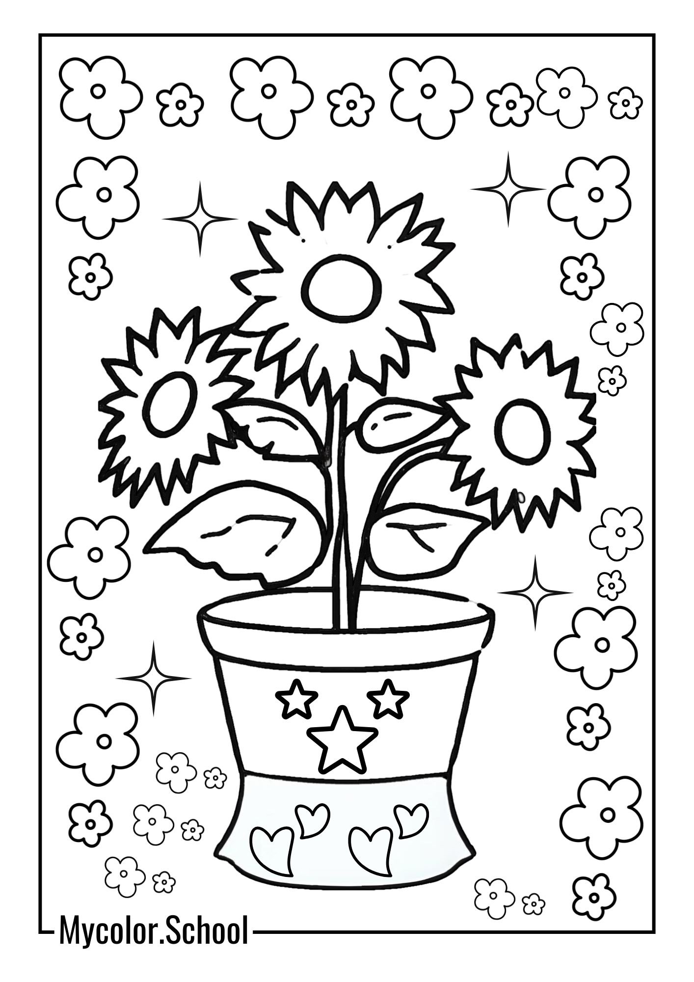Floral Coloring Pages Sunflower in a Pot