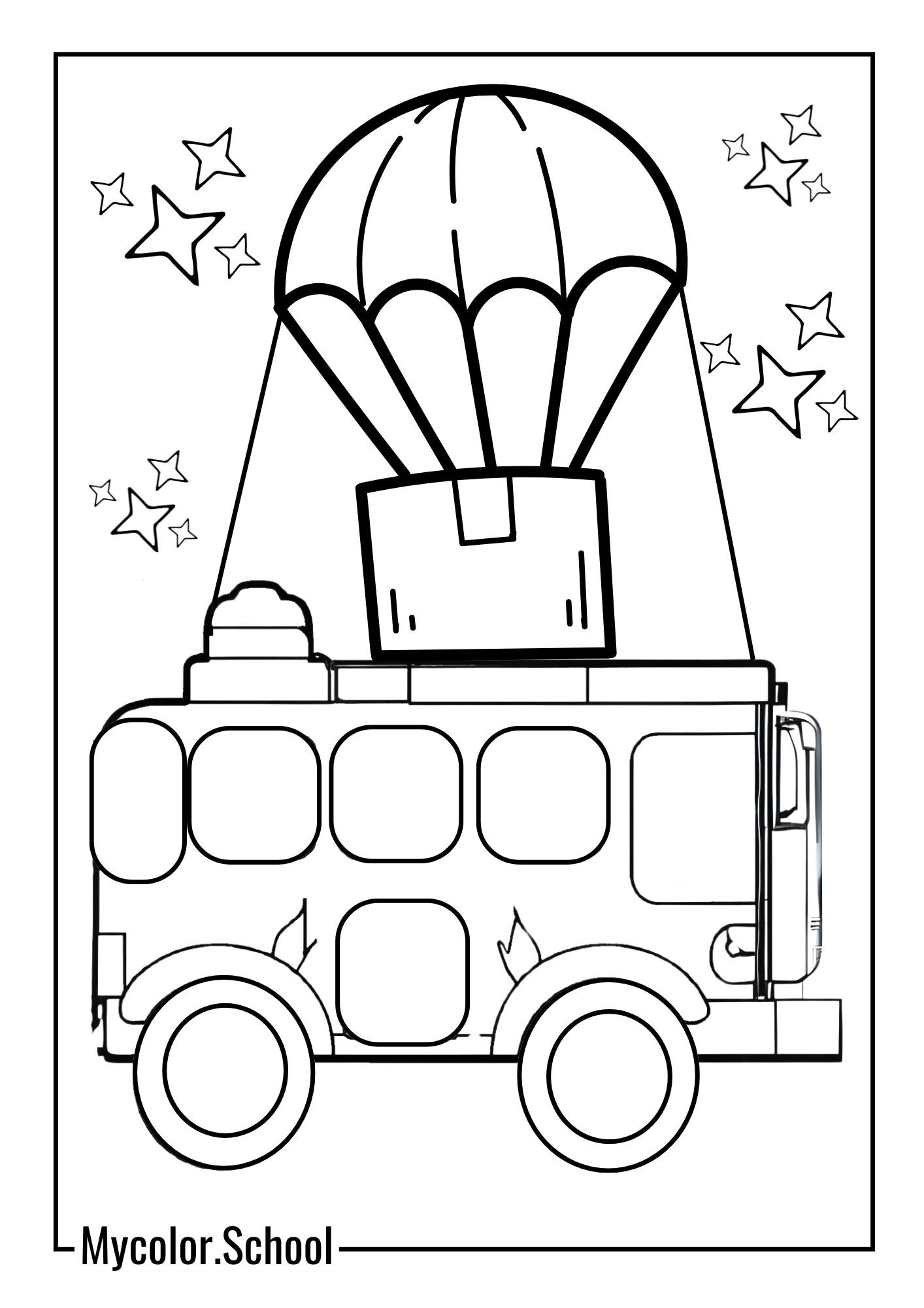 Fortnite Coloring Pages Battle Bus, the vehicle that drops players onto the Fortnite island at the beginning of each match