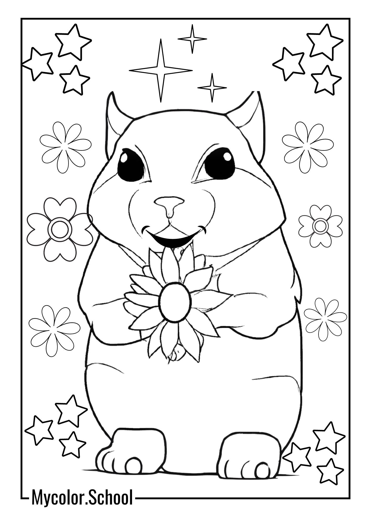 Hamster Coloring Pages holding a seeds of flower