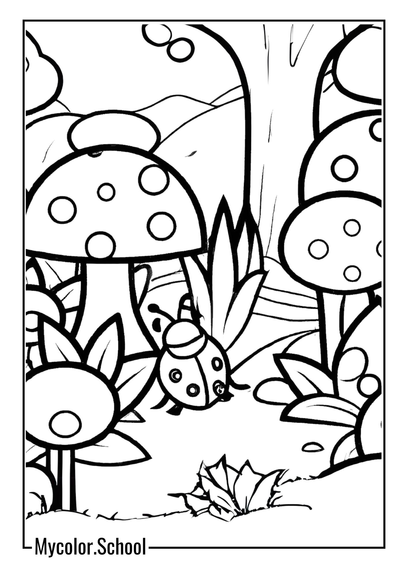 Ladybug Coloring Pages ladybug hiding among a group of mushrooms