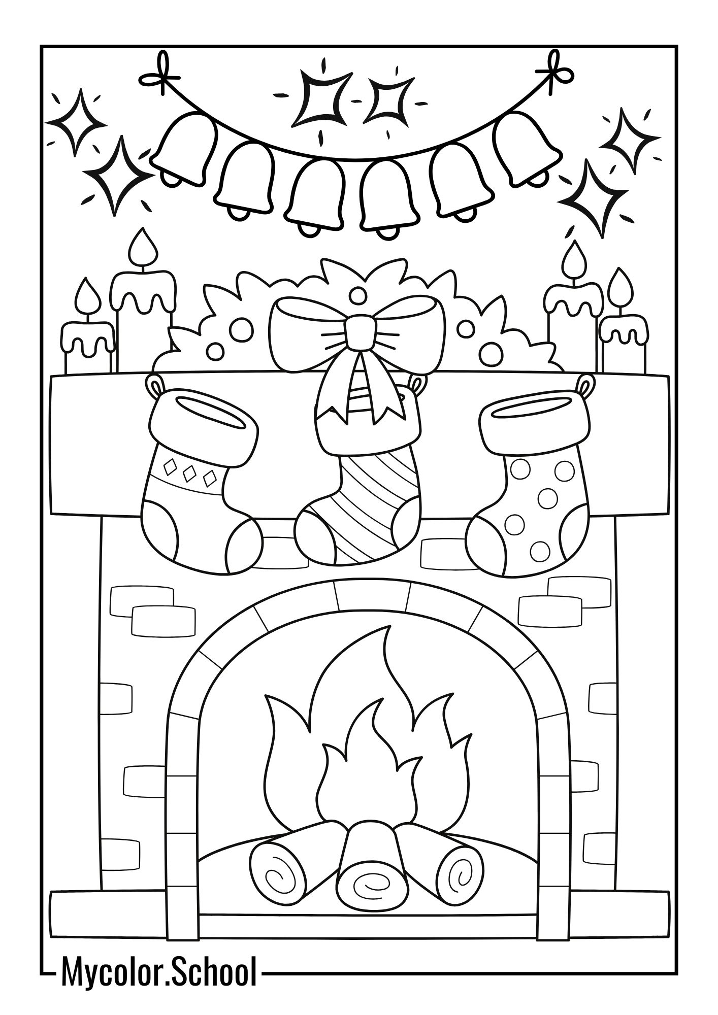 Stocking Coloring Pages fireplace full of Christmas decorations